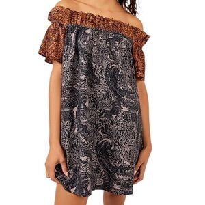 NWT Free People Medium Black Brown Off-Shoulder Paisley Sophie Mini Dress